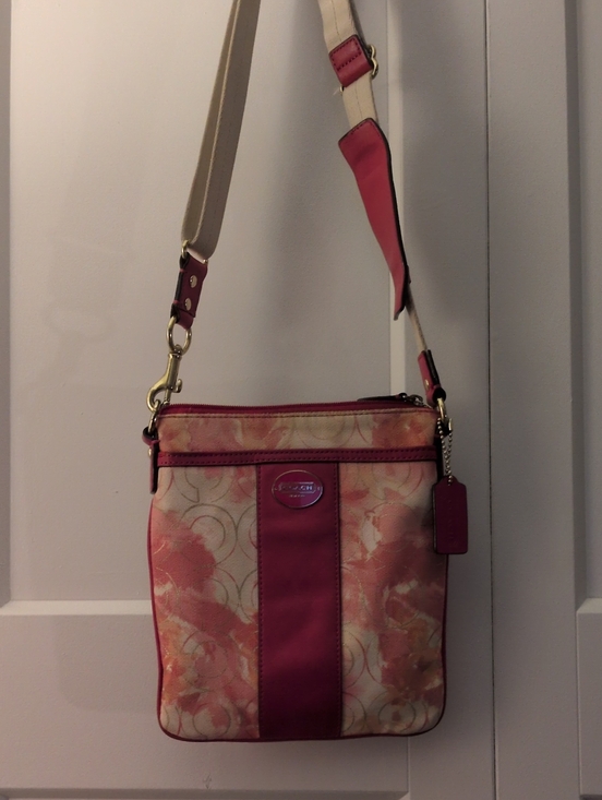 Coach Handbags - Coach Pink Floral Print Crossbody Bag with Cream Strap
